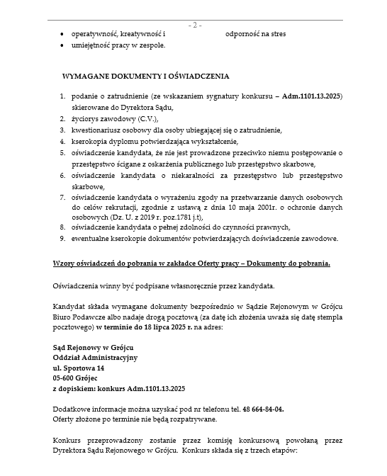 Ogłoszenie o konkursie na zastępstwo za nieobecnego pracownika w Sądzie Rejonowym w Grójcu, więcej informacji pod numerem: 48 664-84-04.