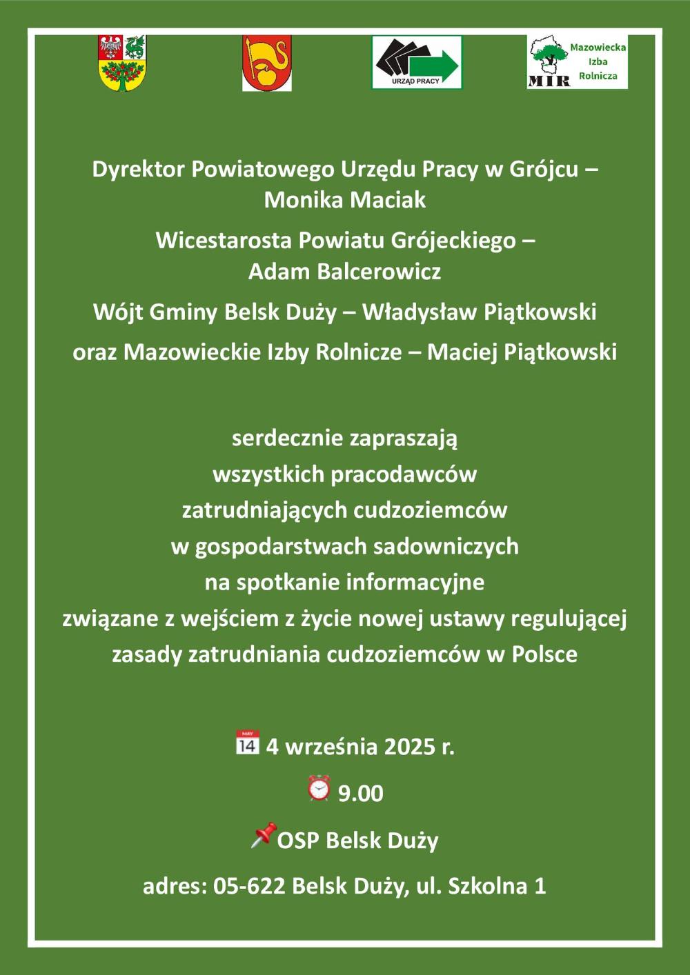 Plakat przedstawia informacje dotyczące spotkania informacyjnego dla pracodawców zatrudniających cudzoziemców 