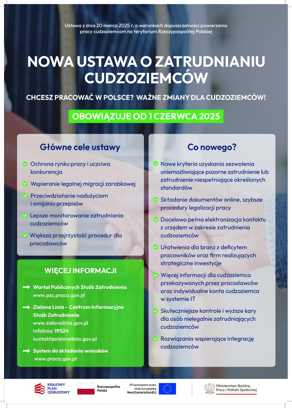 Plakat dotyczy nowej ustawy o zatrudnianiu cudzoziemców. Więcej infomracji pod numerem 48 685 01 30