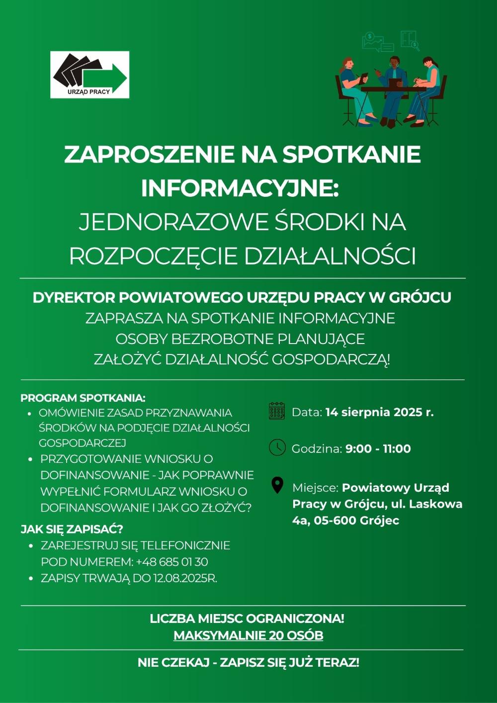 Plakat informuje o spotkaniu dla osób bezrobotnych planujących założyć działalność gospodarczą