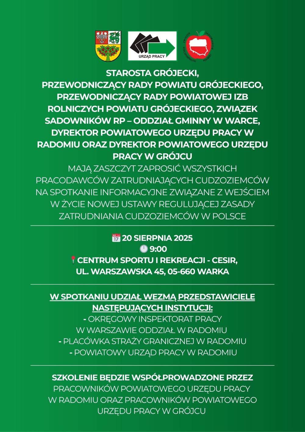 Plakat informacyjne. Dotyczy spotkania dla pracodawców zatrudniających cudzoziemców.